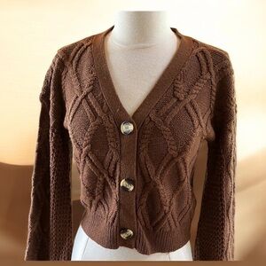 Planet Gold Sweater Cappuccino Brown Cable Knit Cropped Cardigan Women Small New
